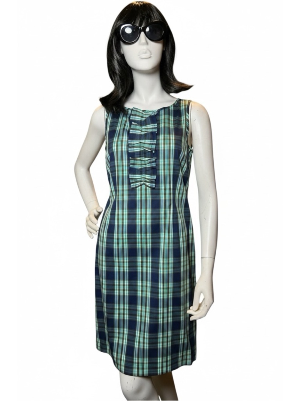 Talbots Coastal Plaid Sleeveless Shift Dress Ruffle Bodice Blue Green Size 14P